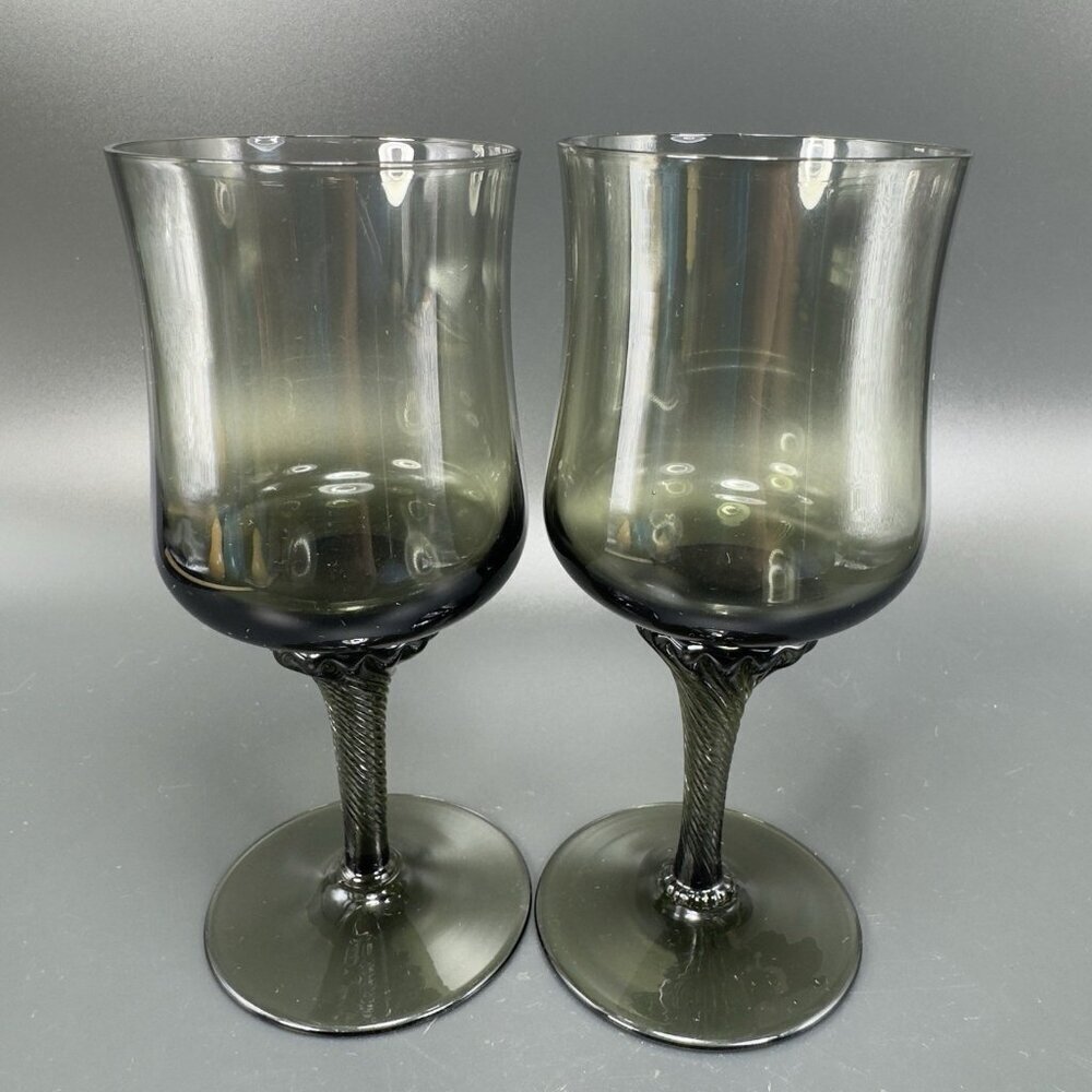 Vintage Royal Prestige Smoke Grey Green‎ Twisted Stem Glasses Goblets Cups Set2